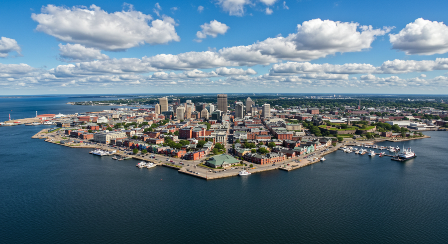 Aerial view of Halifax coastline from the Atlantic, showcasing furnished apartments in Atlantic Canada for extended family stays