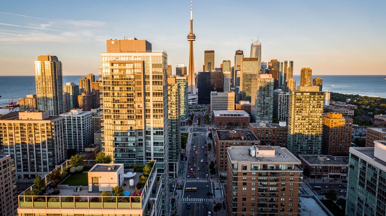 An aerial view of the downtown Toronto skyline showcases modern condo buildings that represent a mix of long term rental properties and investment opportunities. This vibrant cityscape highlights the potential for rental income and property management strategies, appealing to property owners and investors alike.