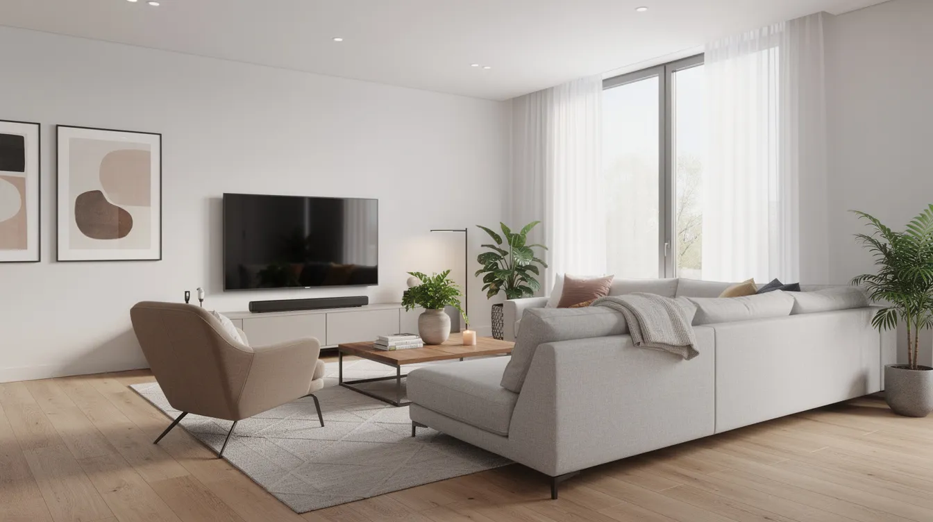 The image depicts a modern furnished living room in an apartment, featuring comfortable seating arrangements and ample natural light streaming through large windows. This inviting space could serve as a welcoming home for foreign workers or international students moving to Canada in 2026, contributing to the economy and addressing critical labour gaps.