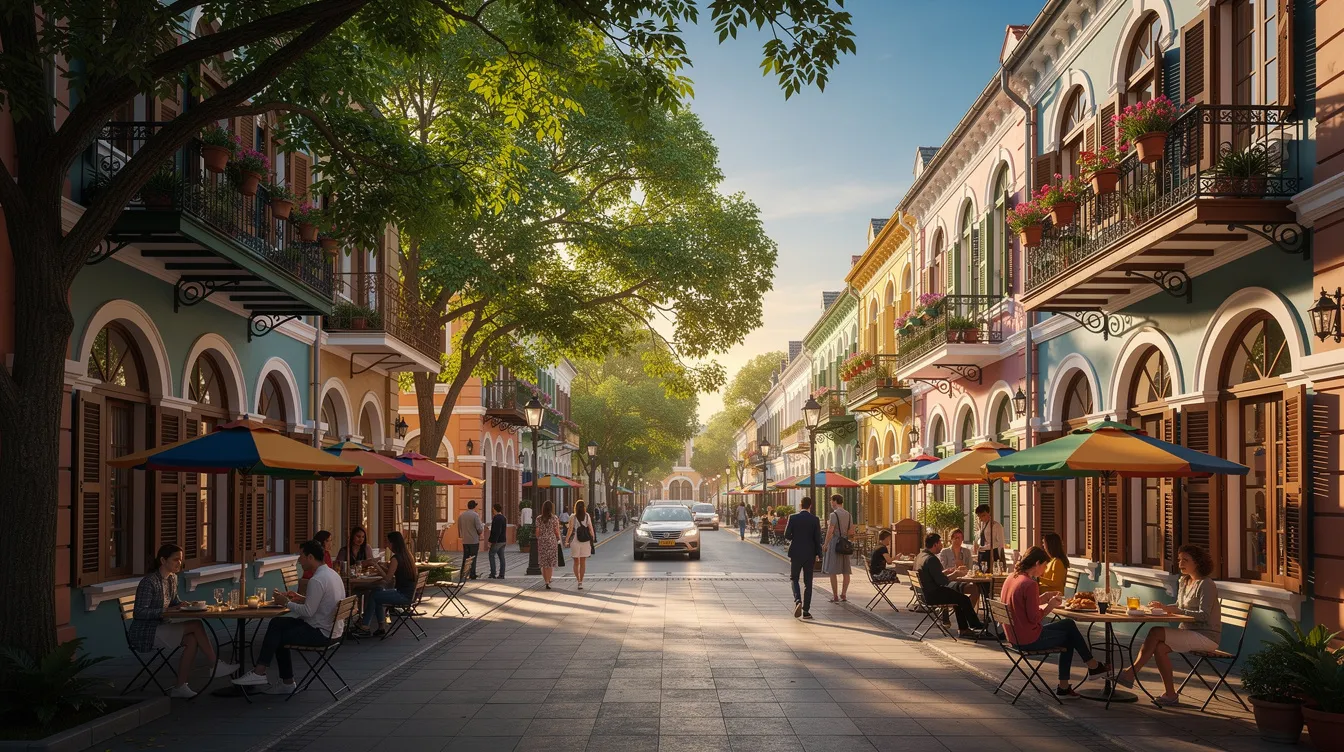 The image depicts a vibrant urban neighborhood featuring tree-lined streets filled with outdoor cafes and colonial-style buildings, creating an inviting atmosphere for digital nomads and remote workers. This lively scene reflects the charm of a potential digital nomad destination, perfect for those seeking a temporary resident visa or exploring the digital nomad lifestyle in a bustling city.