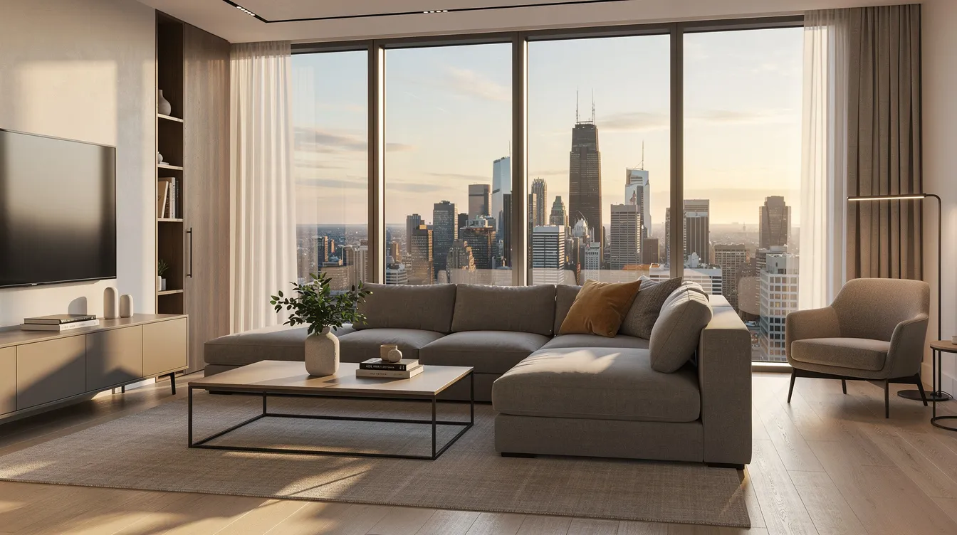 The image showcases a modern furnished apartment living room, featuring stylish furniture and large windows that offer a stunning city view. This appealing space is ideal for corporate housing or short-term rentals, catering to traveling executives and corporate tenants seeking comfort and convenience in urban areas.