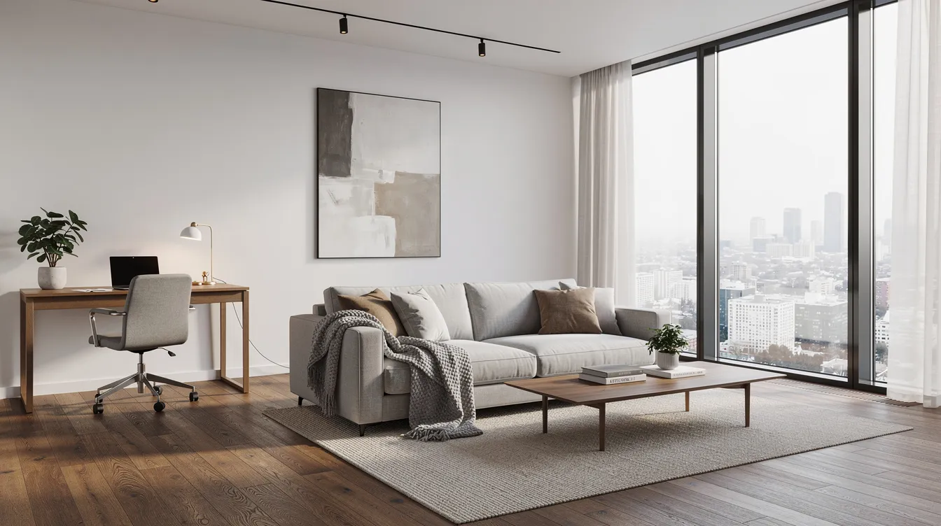 The image depicts a modern furnished living room in a corporate apartment, featuring large windows that allow natural light to flood the space, and a designated workspace for productivity. This inviting atmosphere is ideal for business travelers on extended stays, offering a comfortable and home-like environment with modern furnishings and ample amenities.