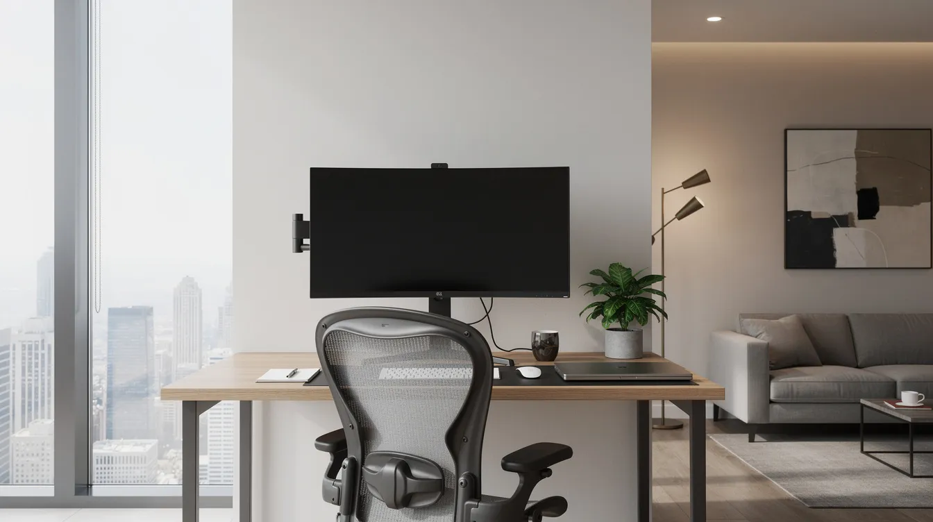 The image depicts a professional home office setup within a modern serviced apartment, featuring a sleek desk, ergonomic chair, and ample natural light. This space is ideal for property owners seeking to optimize rental income through both short term rentals and long term rental investments.
