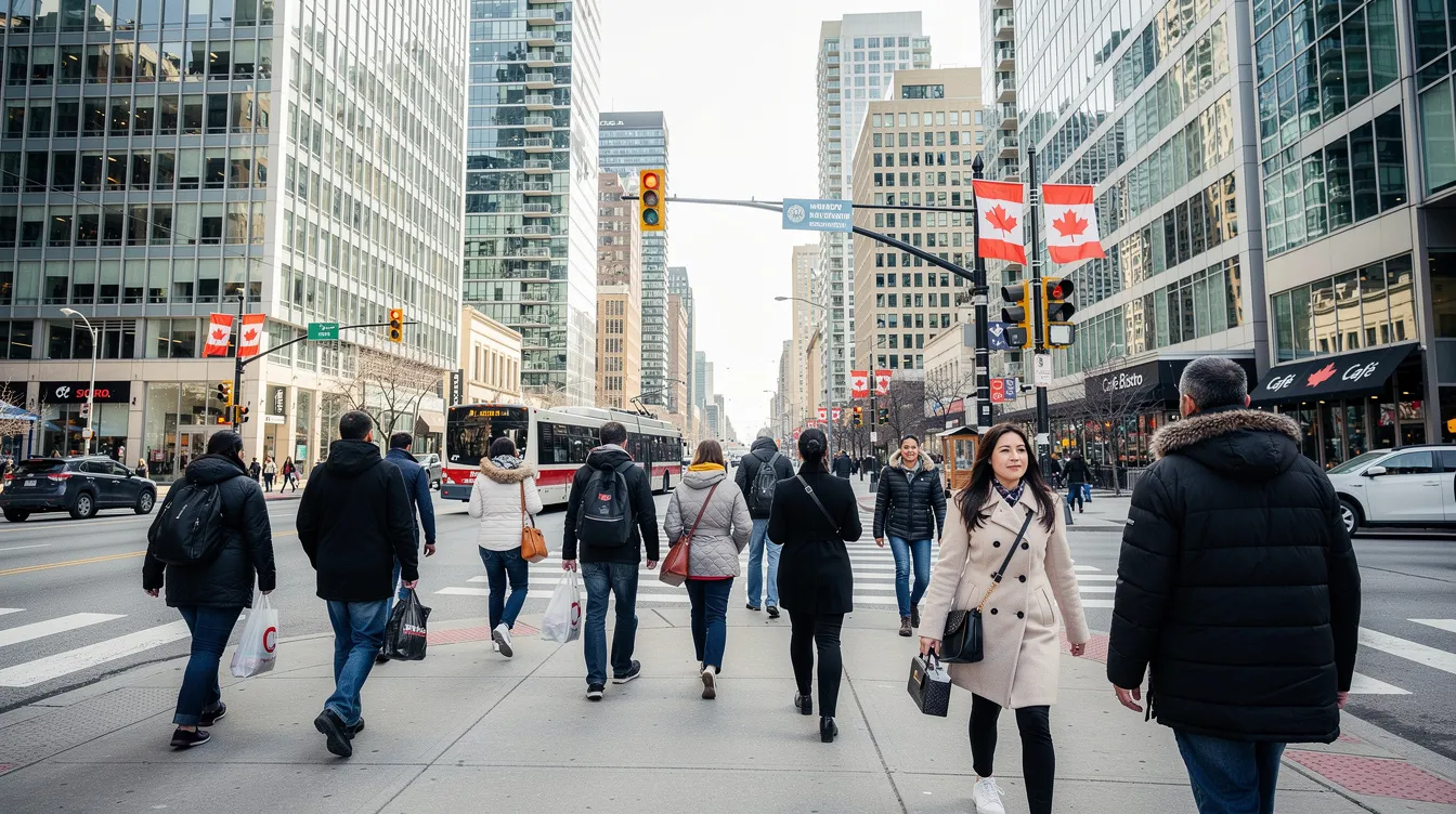 The image depicts a bustling downtown street in a Canadian city, filled with people walking amidst modern buildings. This vibrant scene reflects the diverse community that contributes to Canada's economy and addresses critical labour gaps through various immigration programs, including the express entry system.
