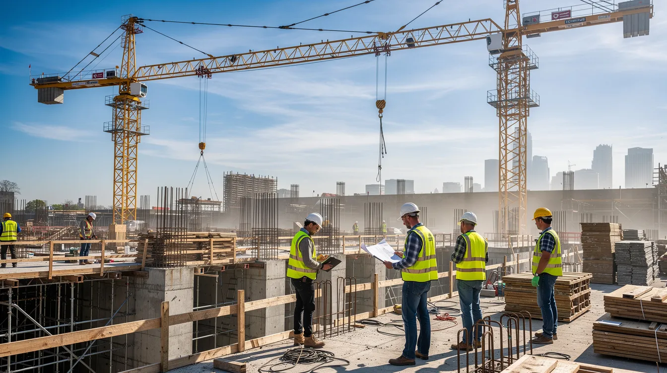 The image depicts construction workers actively engaged on a bustling building site, with cranes towering in the background, symbolizing the need for skilled workers to address critical labour gaps in Canada's economy. This scene reflects the importance of economic immigration and the role of temporary foreign workers in fulfilling labour market needs.