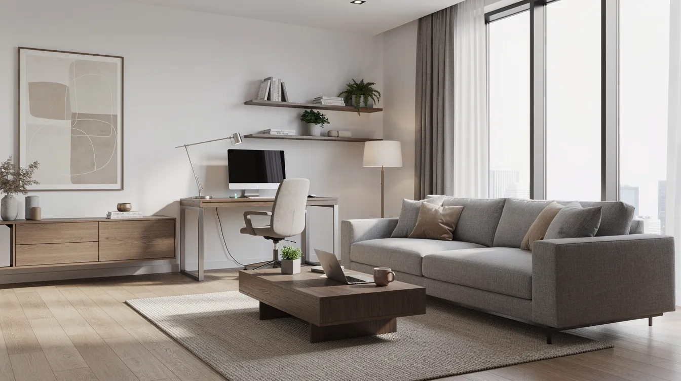 The image depicts a modern furnished apartment living room featuring quality furniture, including a comfortable sofa and a dedicated workspace area, ideal for both short term rentals and long term rental investments. The stylish decor and functional layout highlight the potential of the property for generating steady rental income while catering to tenant demand.