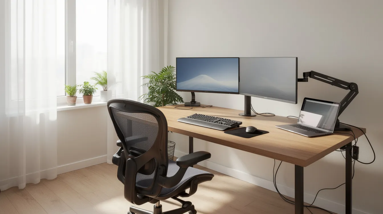 The image depicts a professional home office workspace featuring an ergonomic setup with a modern desk and chair, bathed in natural light from a nearby window. This inviting space is ideal for business travelers and corporate clients seeking a comfortable and productive environment during extended stays in corporate housing across Canada.