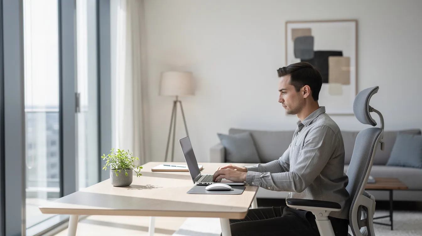 The image depicts a professional working at a sleek desk in a bright, modern apartment, equipped with a laptop, highlighting the appeal of corporate housing for traveling executives and corporate tenants. This well-furnished rental property exemplifies the growing demand for mid-term rentals, providing convenience and operational efficiency for property owners.