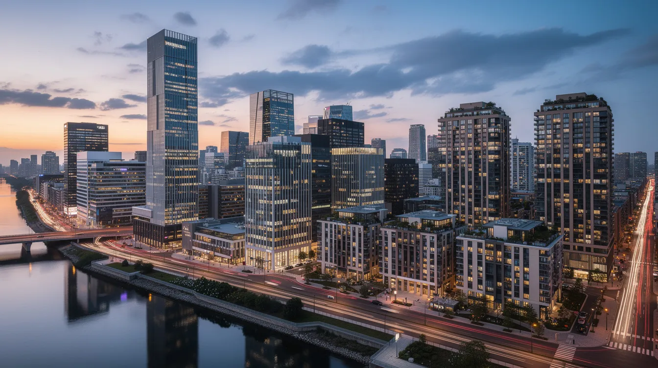 The image depicts a vibrant city skyline featuring a modern business district with sleek residential towers, showcasing the prime locations suitable for corporate housing across Canada. This urban landscape is ideal for business travelers and modern professionals seeking comfortable, fully furnished accommodations for extended business trips or corporate stays.