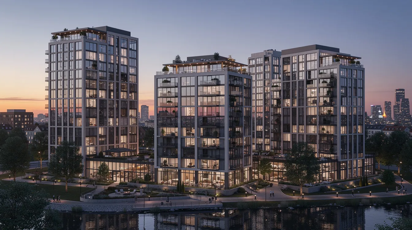 The image depicts a vibrant city skyline at dusk, featuring modern residential buildings that reflect the growing demand for corporate housing and rental properties. This urban scene highlights the appeal of investment properties in bustling metropolitan areas, ideal for corporate tenants and real estate investors seeking high ROI strategies.