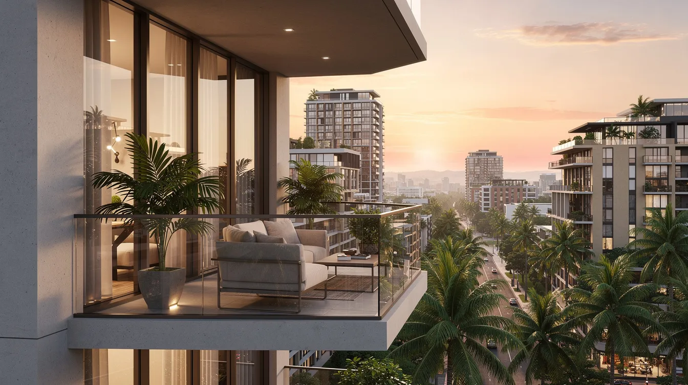 The image depicts a modern apartment building featuring a balcony that overlooks a vibrant tropical cityscape filled with palm trees, ideal for digital nomads seeking a comfortable lifestyle in a bustling environment. This setting reflects the allure of living in a city like Mexico City, a popular destination for remote workers and those considering a digital nomad visa.